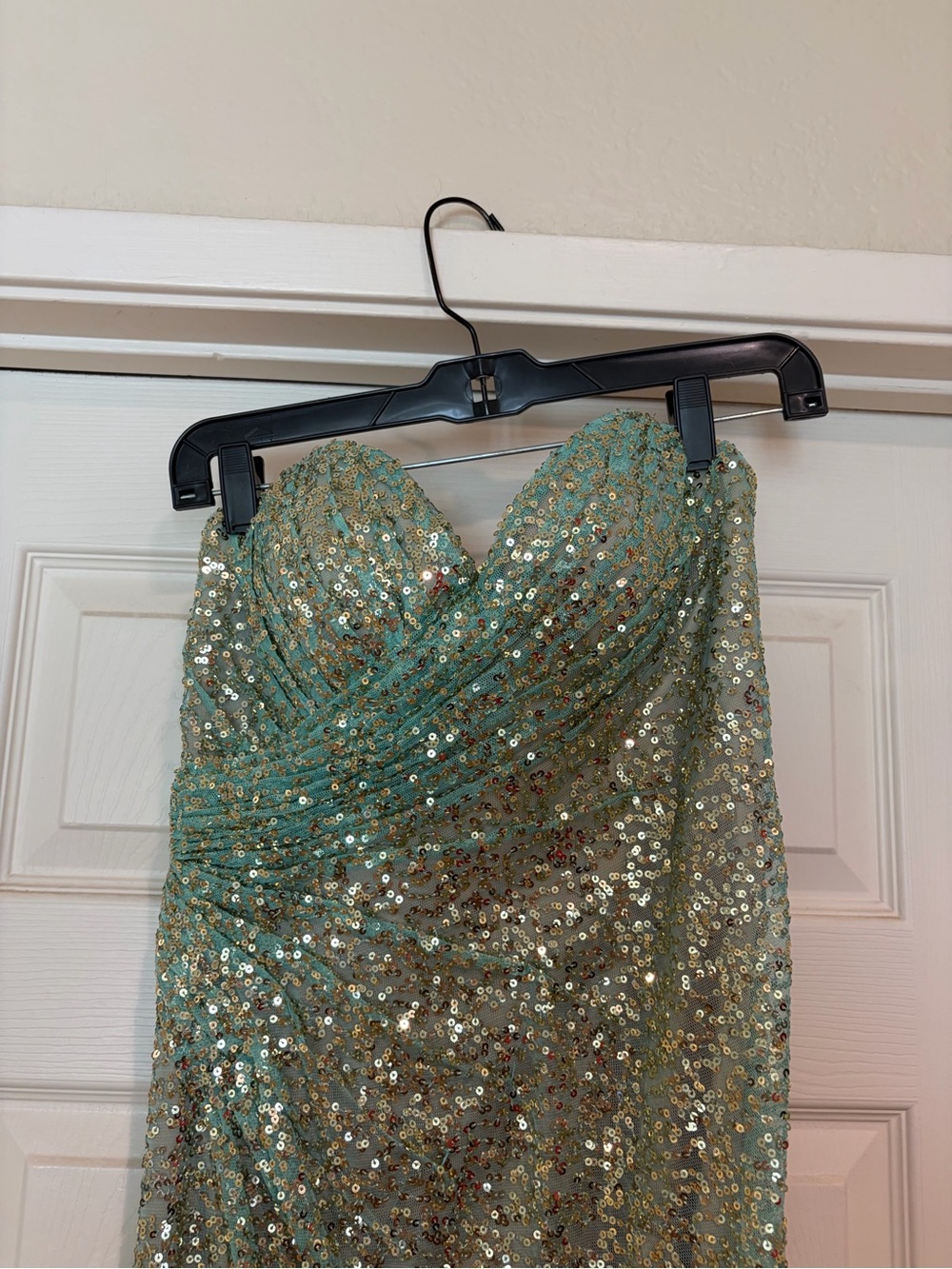 La Femme Strapless Sequin Mermaid Gown in Mint and Gold